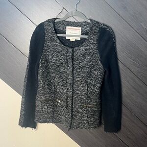 Cartonnier Women Tweed Jacket Snap Front Zip Pocket Black Gold Size L Anthro